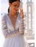 Long Sleeves Beaded Ivory Tulle Dreamy Wedding Dress